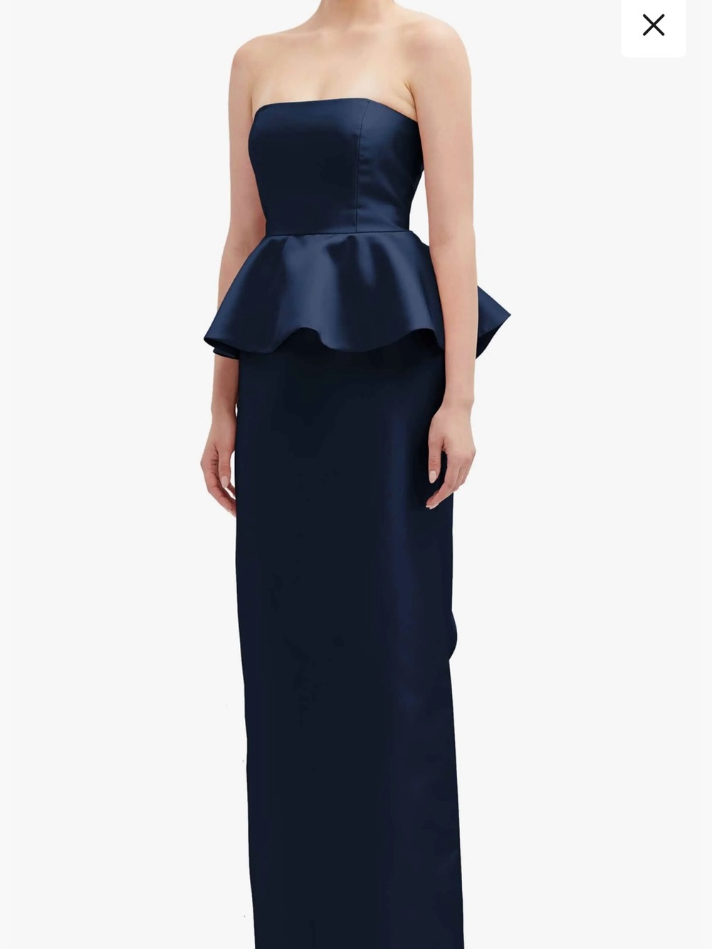 ALFRED SUNG Strapless Navy Peplum Column Gown